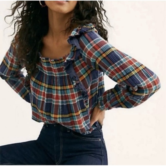 We The Free Tops - nwot we the free siene plaid western ruffle top tie back navy multicolor plaid